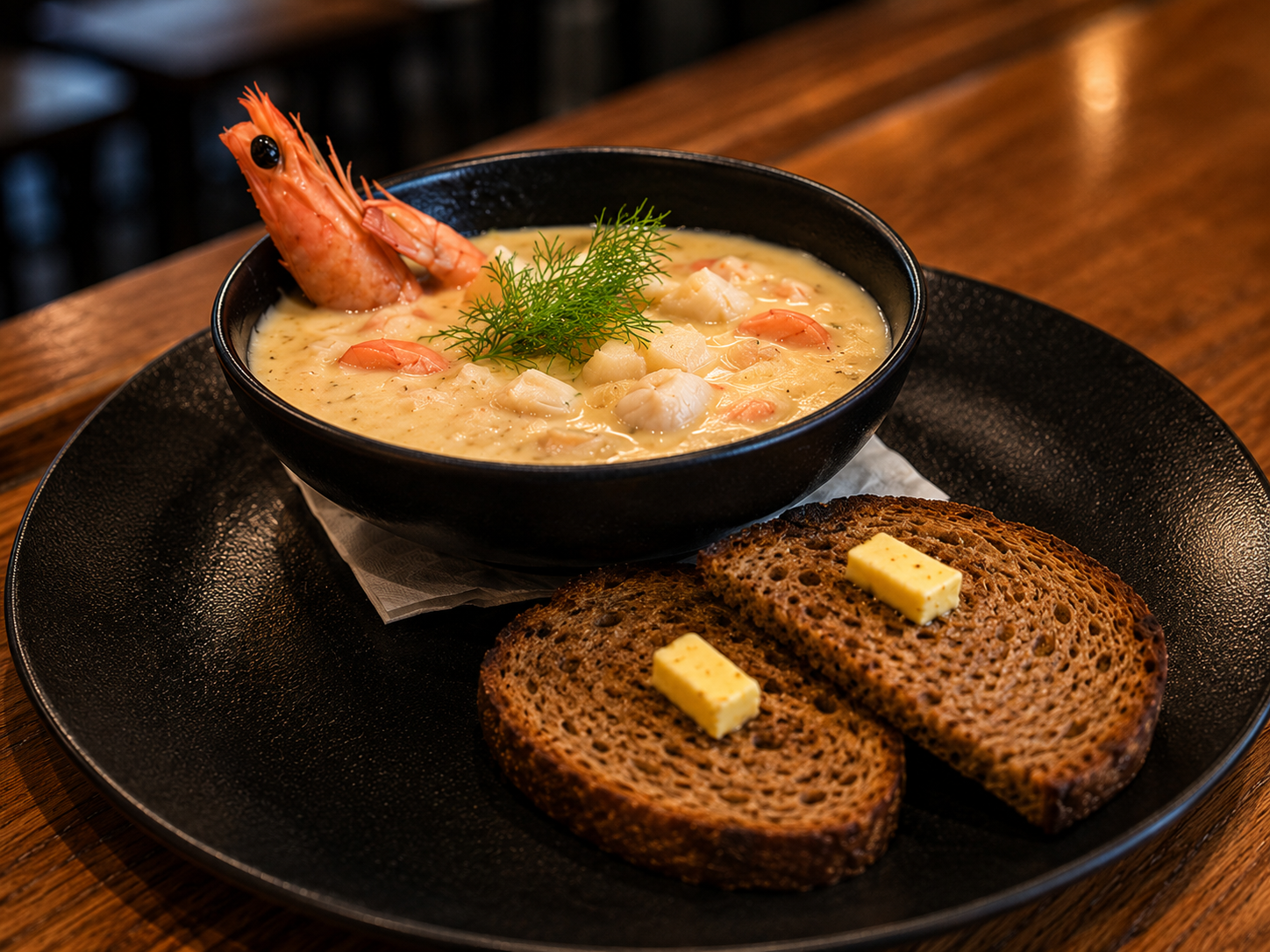 House-made seafood chowder served at Pat’s Italian Restaurant and Bar Mt Buller